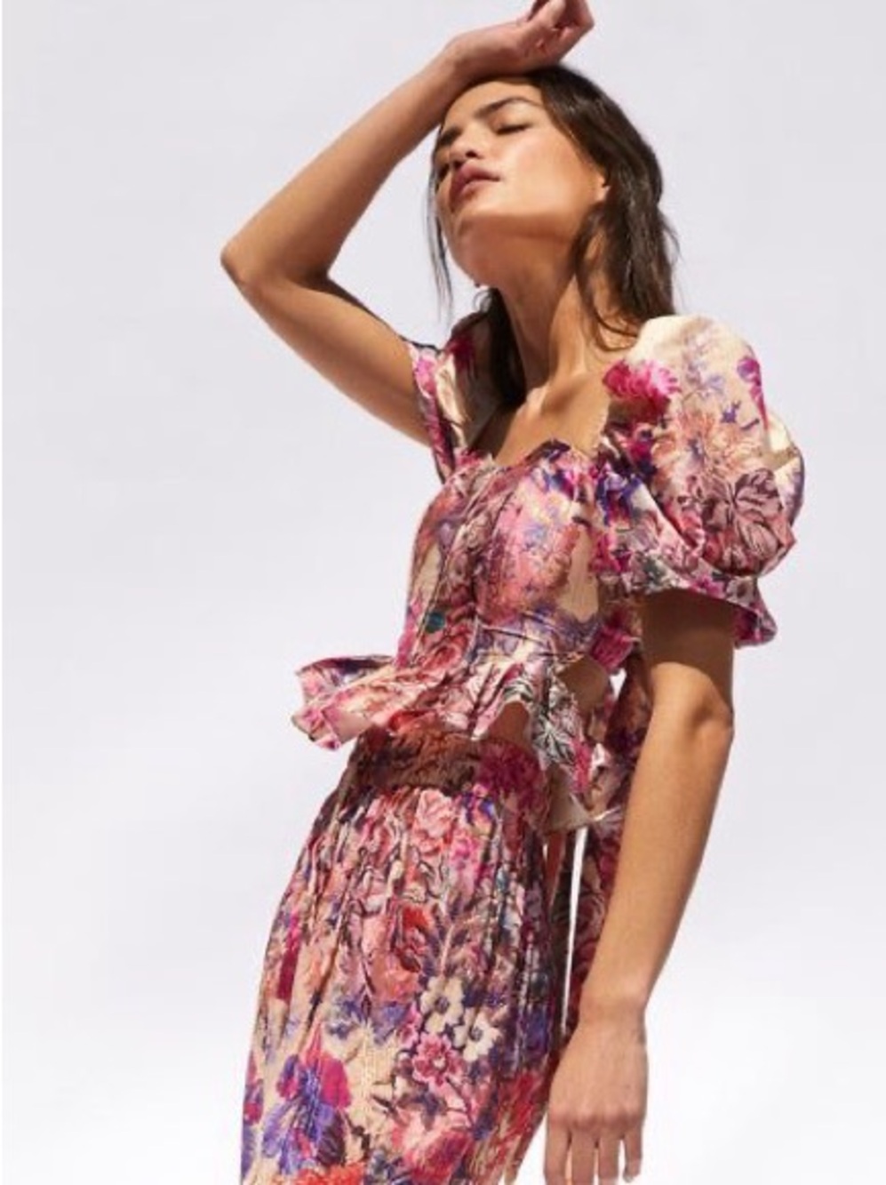 HEMANT AND NANDITA Leah Top Salmon Pink Floral Brocade Puff Sleeve Corset Small - Picture 4 of 10
